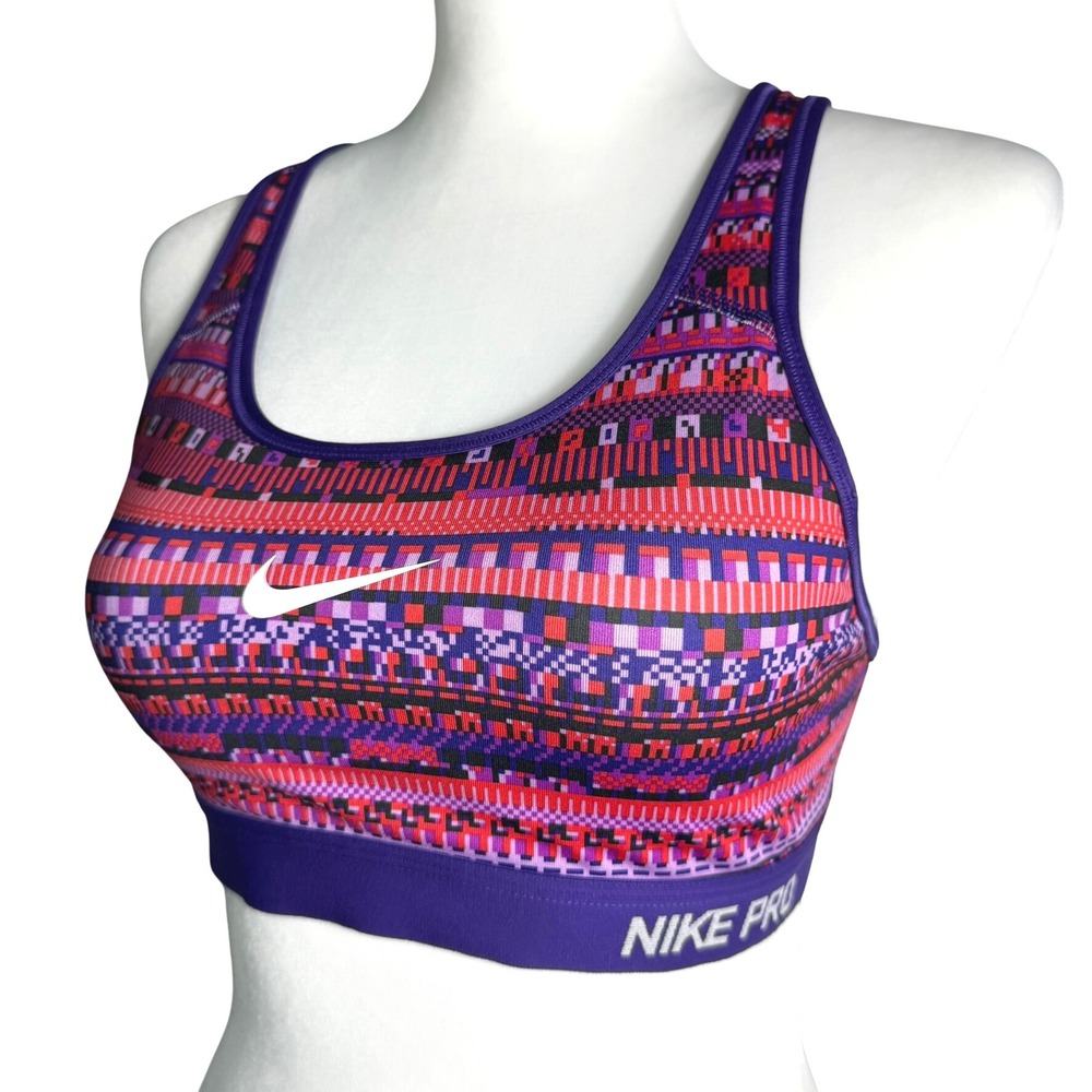 NIKE Womens Medium Purple Red Patterned Dri-FIT Pro Sports Bra Yoga Athletic Top